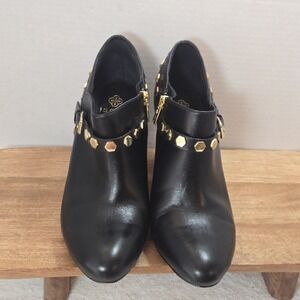 Isola Black Leather Studded Ankle Booties Size 8.5 Block Heel‎ Zip Gold Hardware